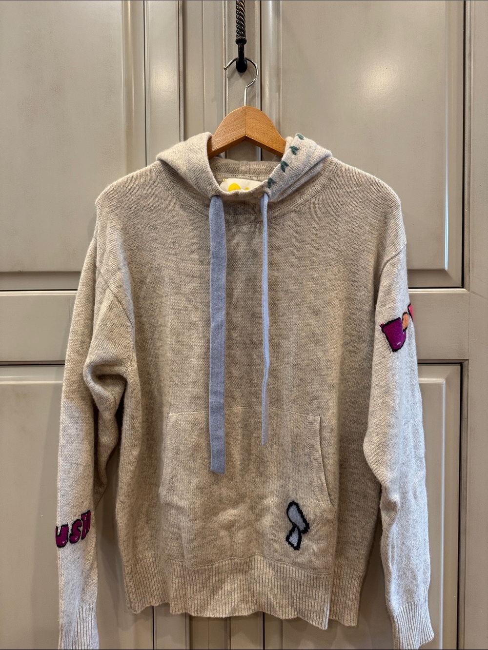 Cozy Beige Cowl-Neck Hoodie Sweater with Embroidered Accents